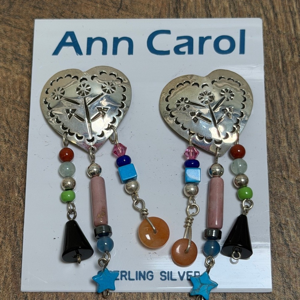 Ann Carol Sterling Silver 925 Stamped Heart Beaded Statement Dangle Earrings
